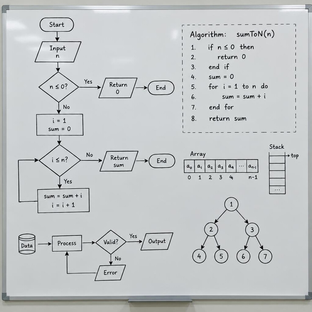 Whiteboard covered with a flowchart and algorithm diagram