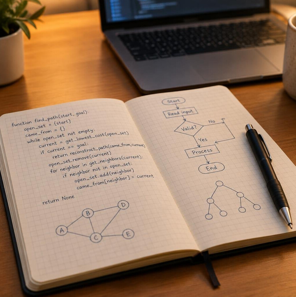 Notebook with handwritten pseudocode and a pen beside a laptop