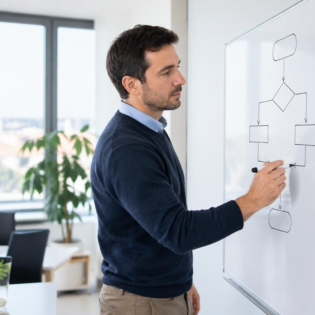 Man sketching a flowchart diagram on a whiteboard