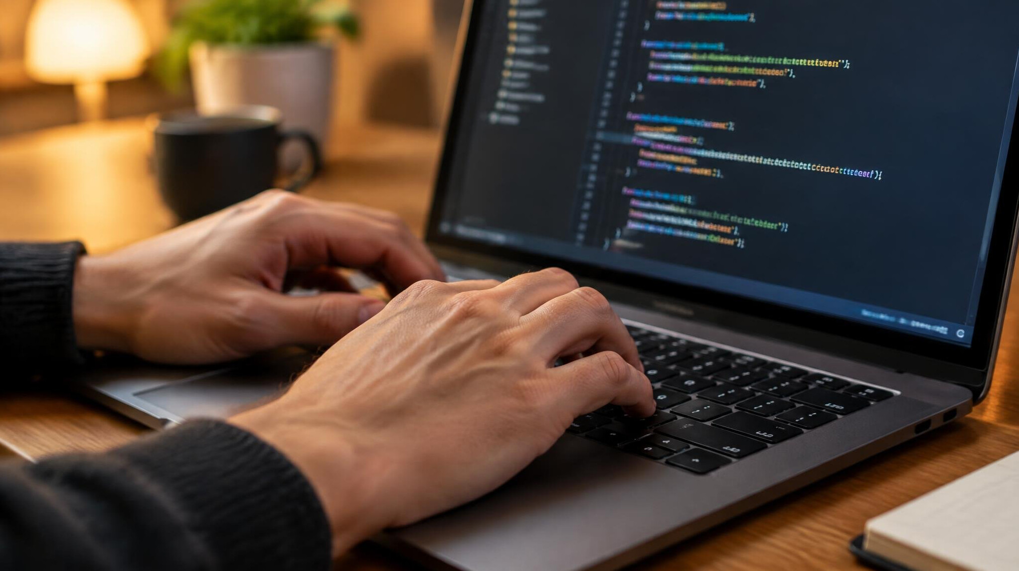 Close-up of hands typing on a laptop keyboard with code on the screen